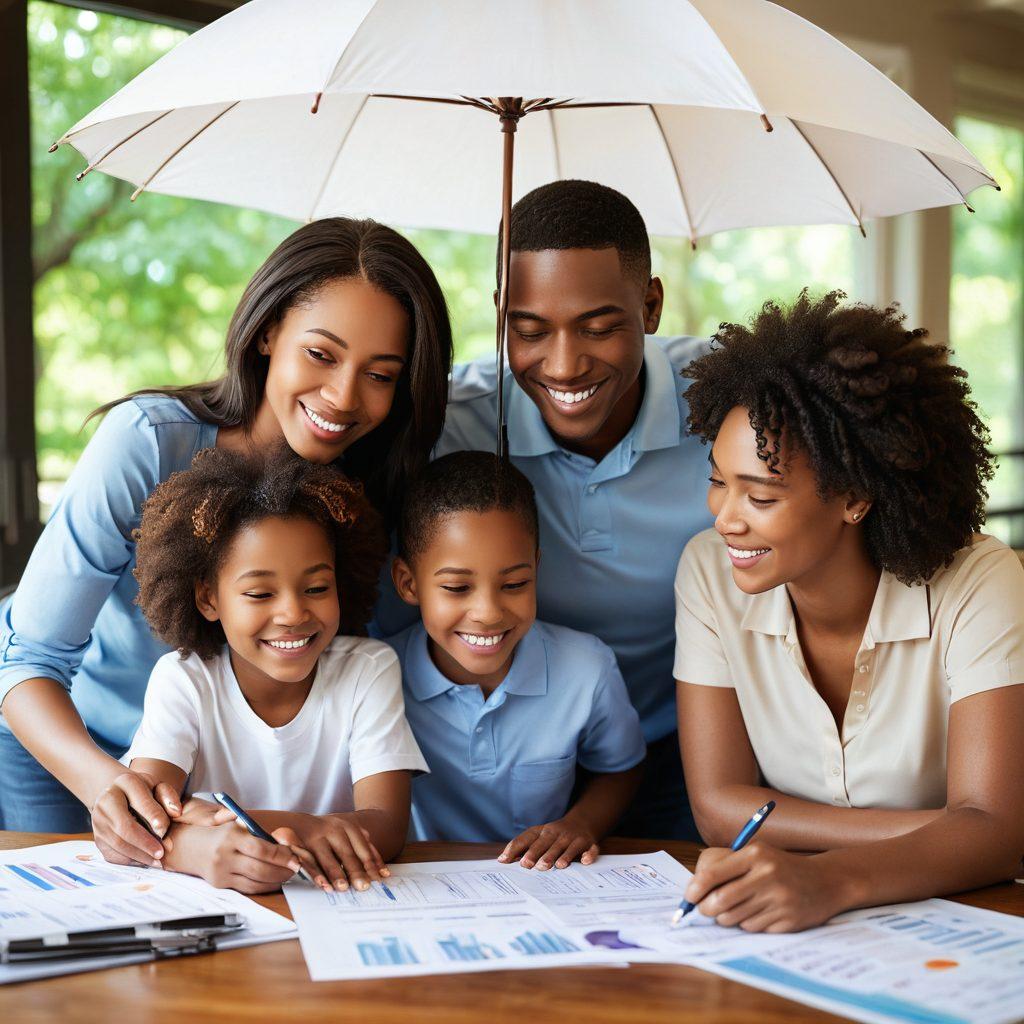 A serene family scene with a diverse group huddled together, reviewing financial documents while smiling. In the background, a soft-focus image of insurance symbols like shields, umbrellas, and health cross icons surrounds them, symbolizing protection. A warm, reassuring color palette evokes feelings of safety and trust. super-realistic. vibrant colors. soft focus.